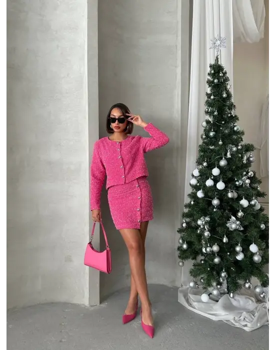 Ceketli etek takım chl kumaş fuşya h24443