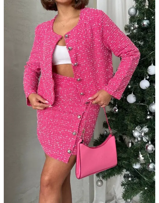 Ceketli etek takım chl kumaş fuşya h24443