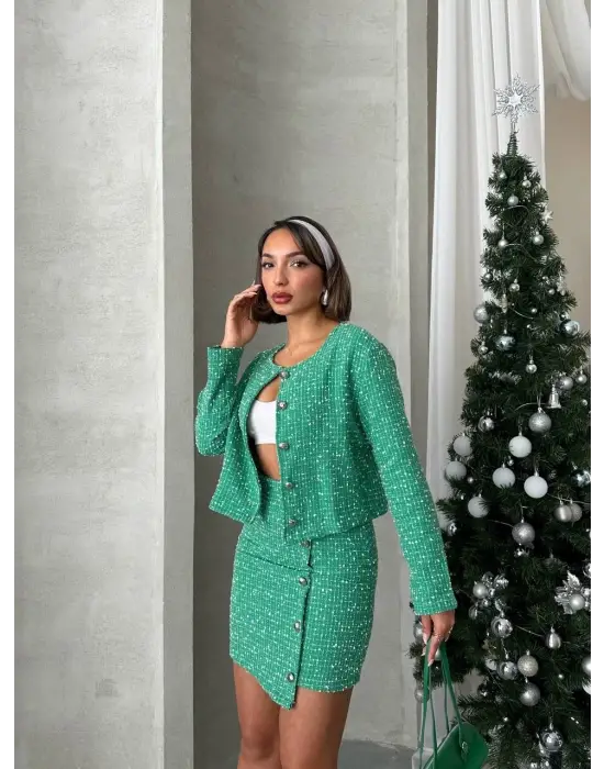 Ceketli etek takım chl kumaş yeşil h24443