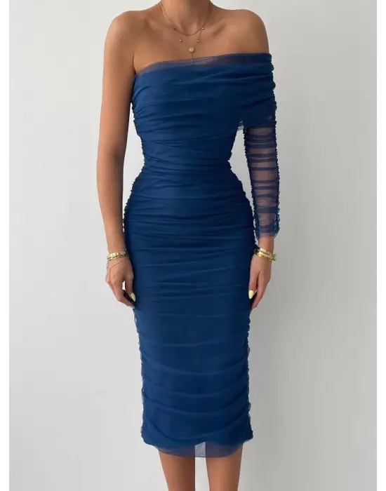 Omarı Tek Omuz Tül Elbise Modası