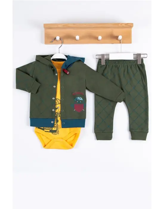 Cep Desenli Kapişonlu % 100 Pamuk Hırkalı 3lü Erkek Takım