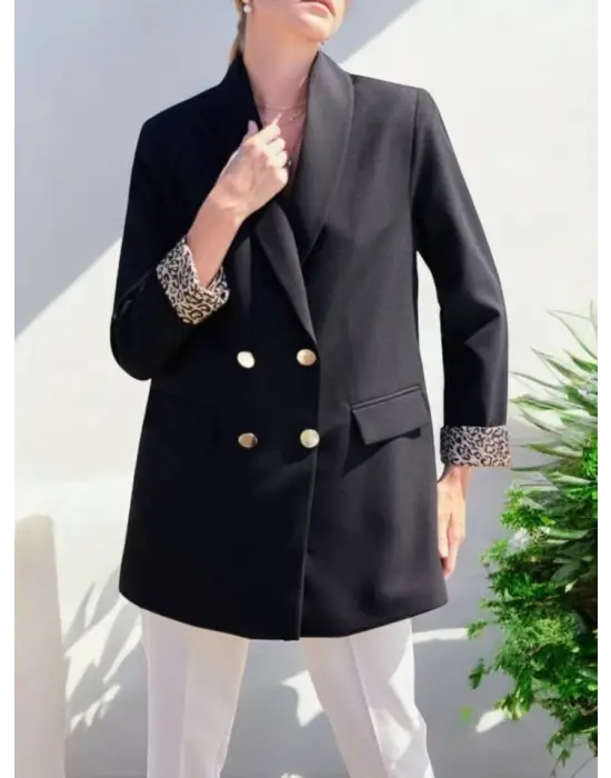 Cep Detaylı Çift Düğmeli Blazer Ceket -Siyah