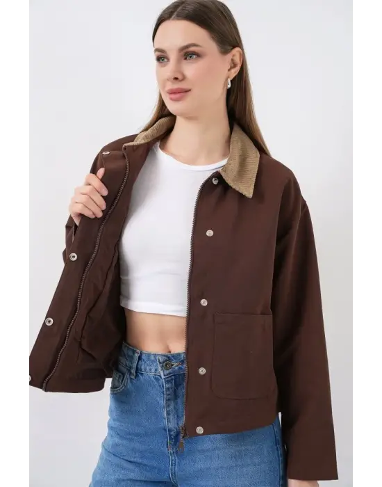 Cep Detaylı Kısa Ceket 5975 - Kahverengi