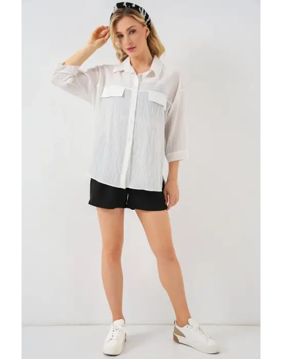 Cep Detaylı Kısa Kol Gömlek 20317 - Beyaz