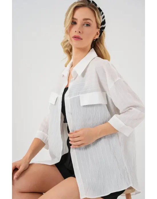 Cep Detaylı Kısa Kol Gömlek 20317 - Beyaz