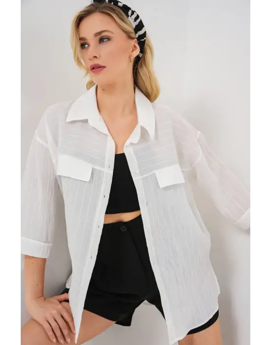 Cep Detaylı Kısa Kol Gömlek 20317 - Beyaz