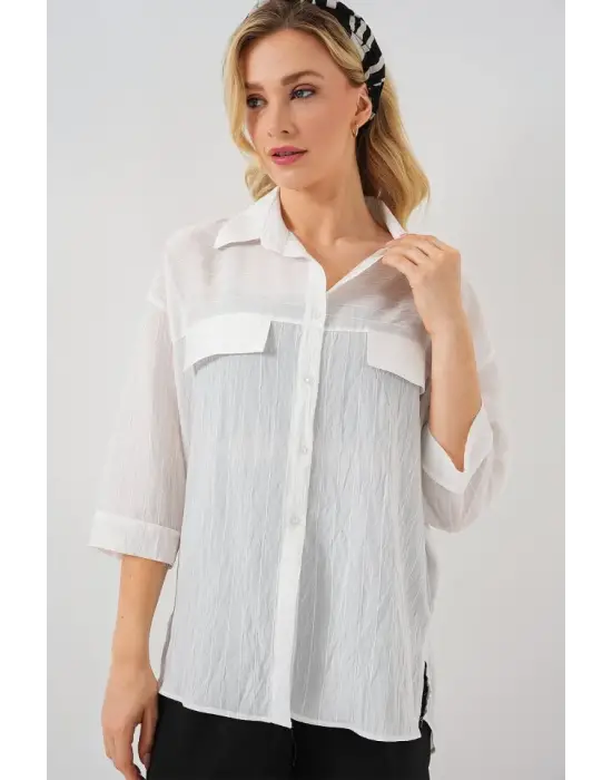 Cep Detaylı Kısa Kol Gömlek 20317 - Beyaz