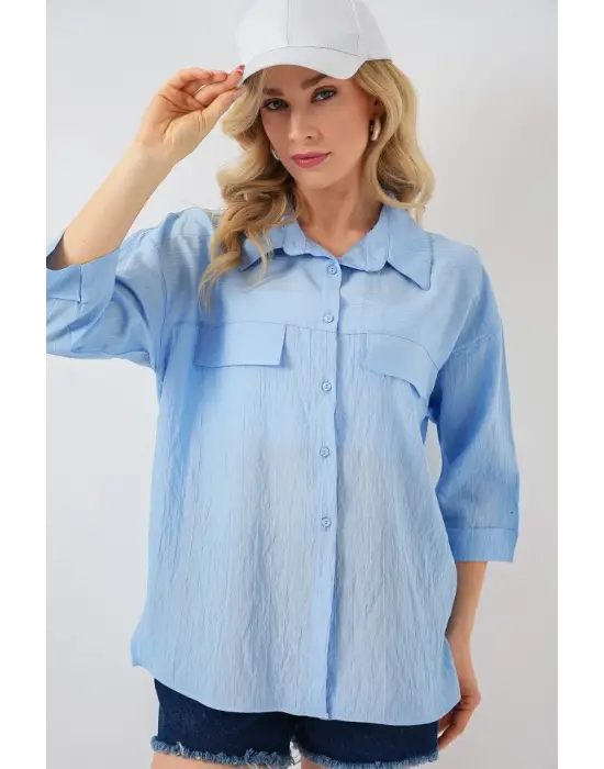 Cep Detaylı Kısa Kol Gömlek 20317 - Mavi