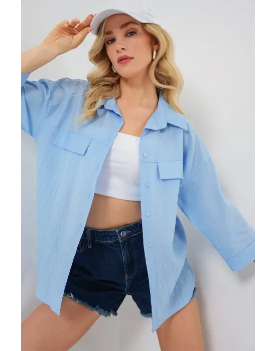 Cep Detaylı Kısa Kol Gömlek 20317 - Mavi