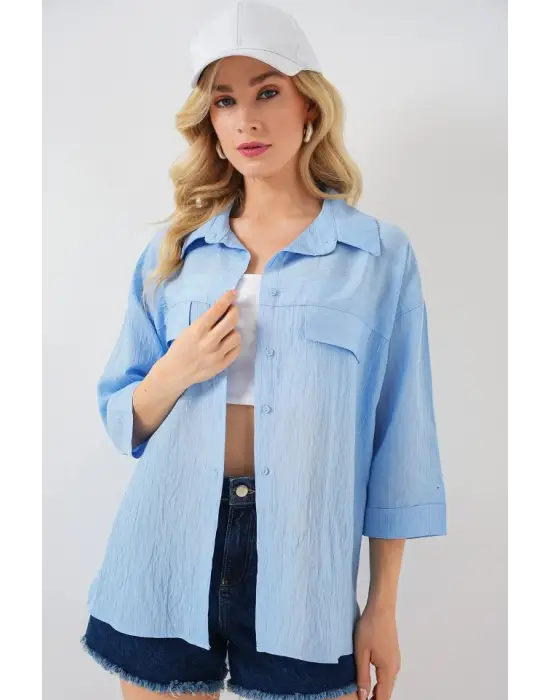 Cep Detaylı Kısa Kol Gömlek 20317 - Mavi