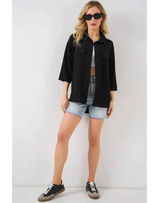 Cep Detaylı Kısa Kol Gömlek 20317 - Siyah