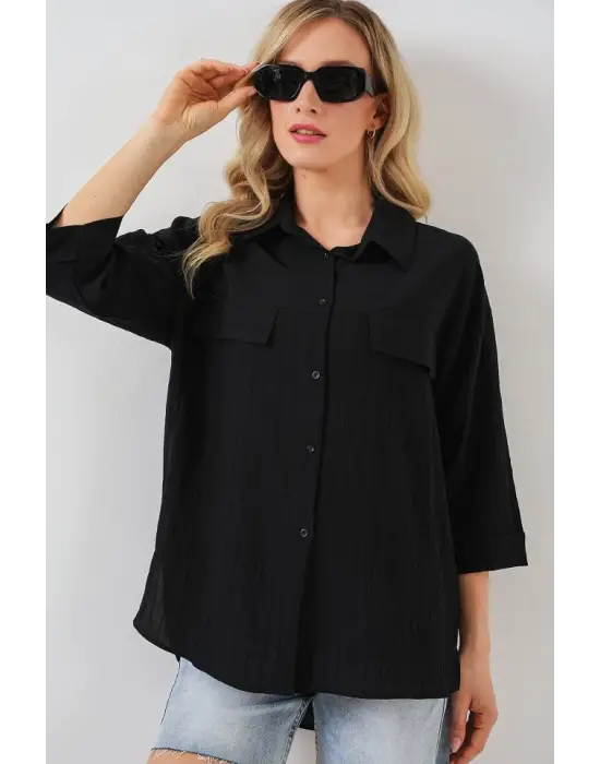 Cep Detaylı Kısa Kol Gömlek 20317 - Siyah