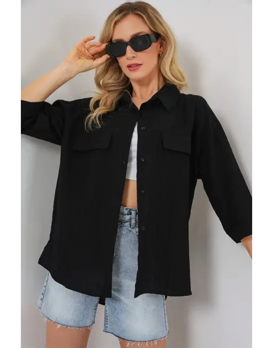 Cep Detaylı Kısa Kol Gömlek 20317 - Siyah