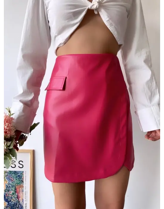 Cep detaylı oval kapaklı deri etek fuşya h240048