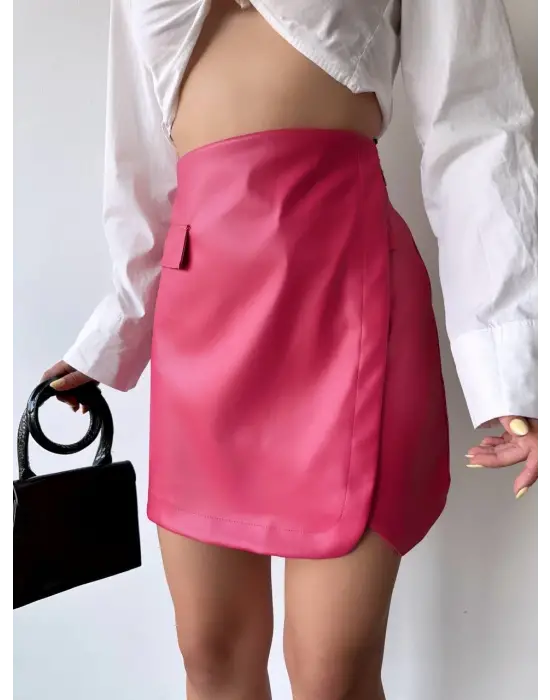 Cep detaylı oval kapaklı deri etek fuşya h240048