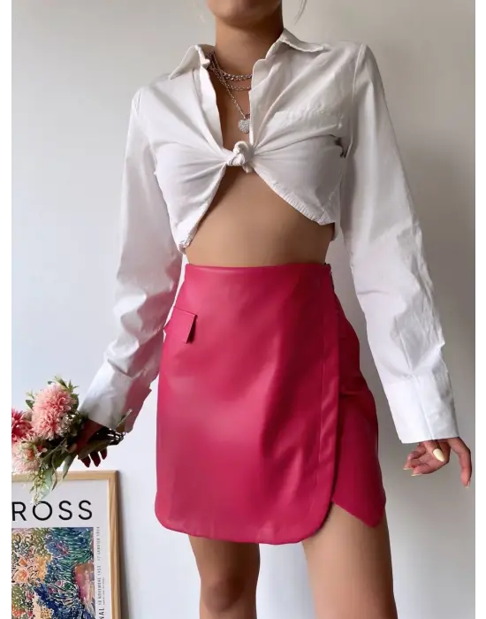 Cep detaylı oval kapaklı deri etek fuşya h240048