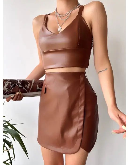 Cep detaylı oval kapaklı deri etek kahve h240048