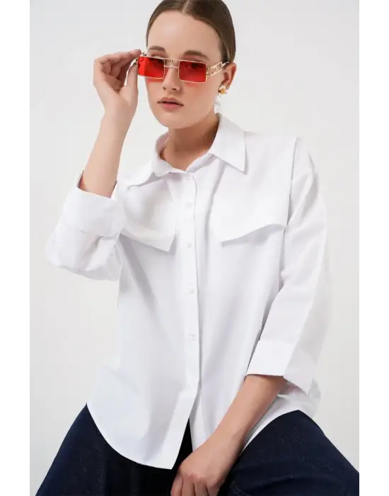 Cep Detaylı Oversize Gömlek 20313 - Beyaz