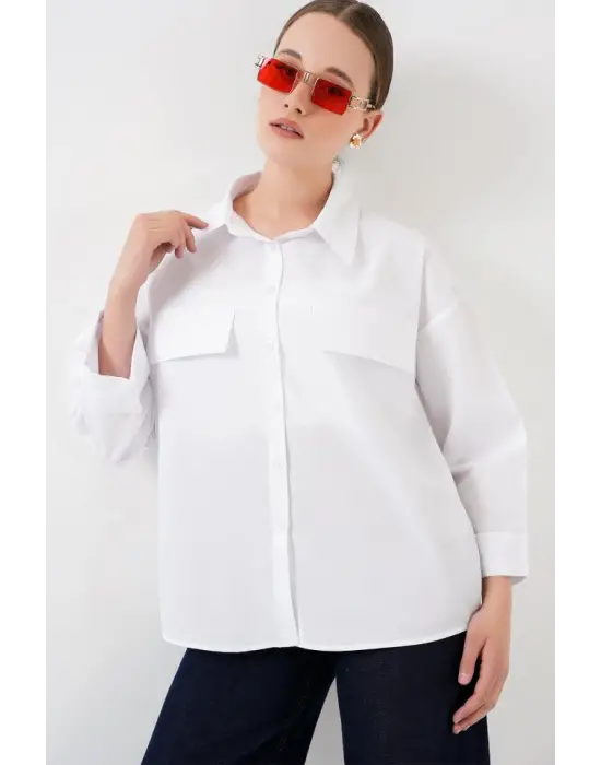 Cep Detaylı Oversize Gömlek 20313 - Beyaz