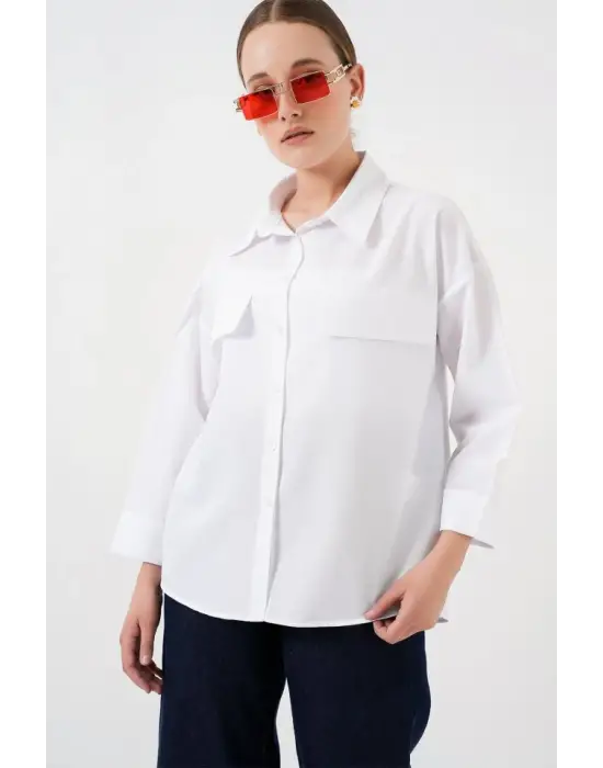 Cep Detaylı Oversize Gömlek 20313 - Beyaz