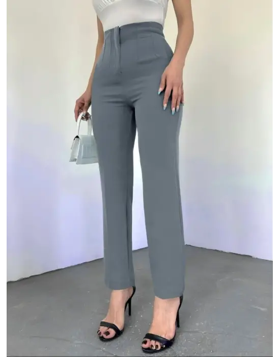 Cep Detaylı Yüksek Bel Pantolon -Gri