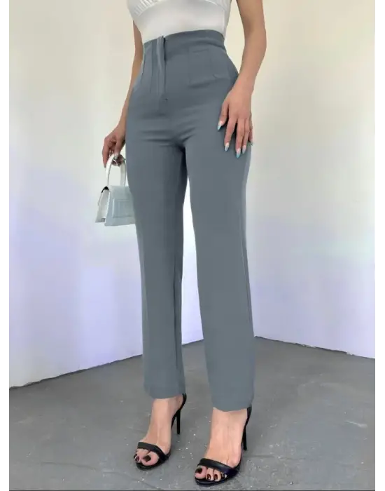 Omarı Yüksek Bel Gri Detaylı Cep Pantolon