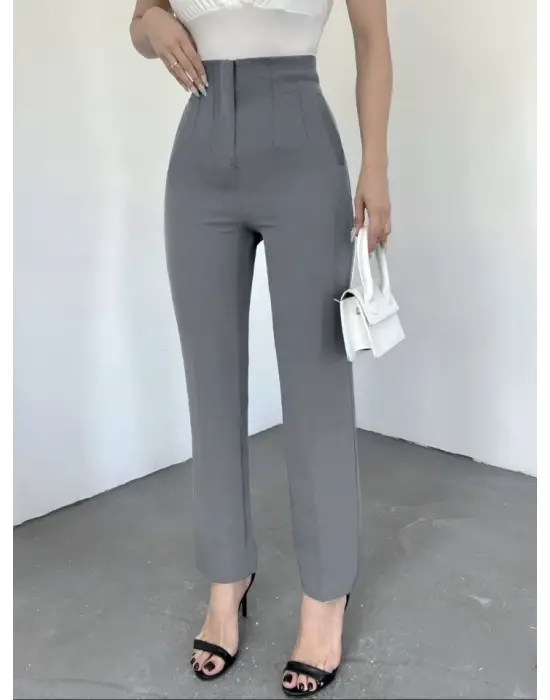 Cep Detaylı Yüksek Bel Pantolon -Gri