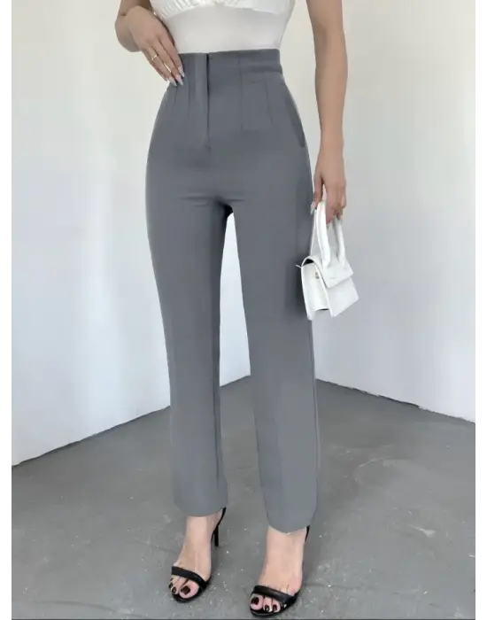 Omarı Yüksek Bel Gri Detaylı Cep Pantolon