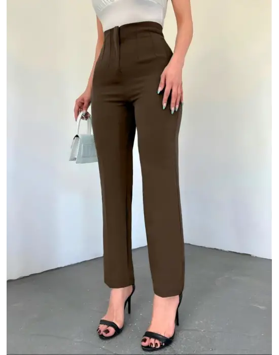 Omarı Yüksek Bel Cep Detaylı Pantolon - Kahve Renkli