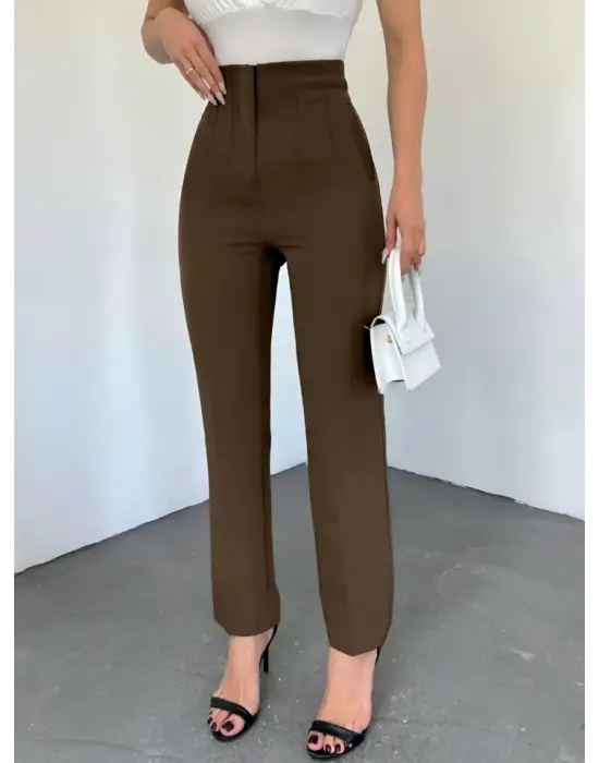 Omarı Yüksek Bel Cep Detaylı Pantolon - Kahve Renkli