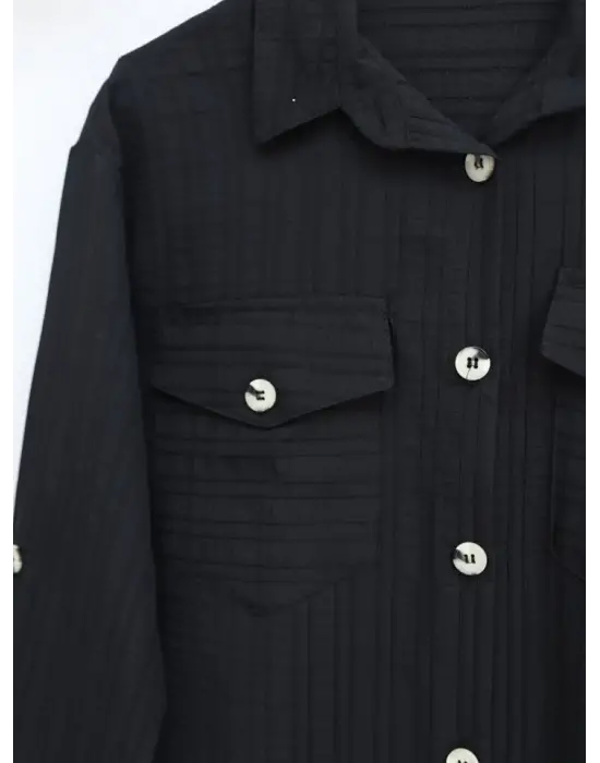 Cepleri Kapaklı Fitilli Ve Düğmeli Gömlek  -Siyah