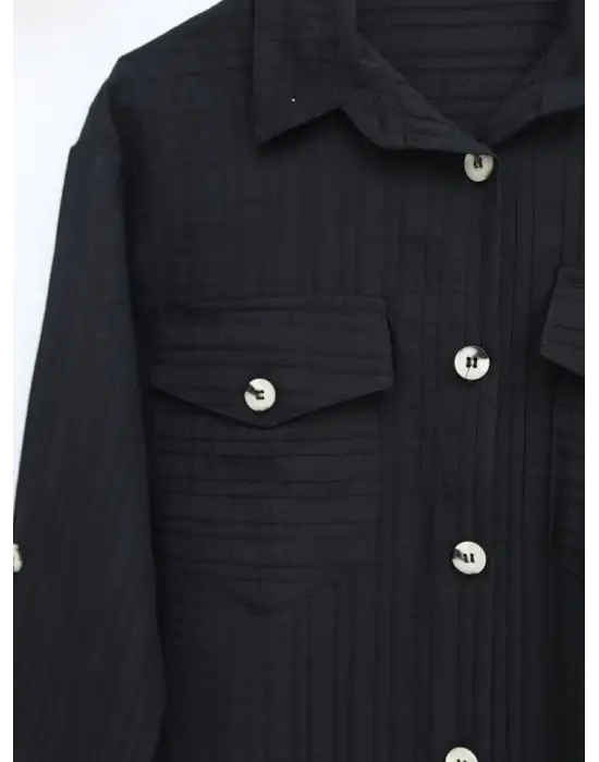 Omarı İnce Fitilli Siyah Gömlek - Cepleri Kapaklı ve Düğmeli