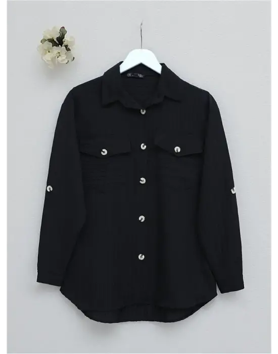 Omarı İnce Fitilli Siyah Gömlek - Cepleri Kapaklı ve Düğmeli