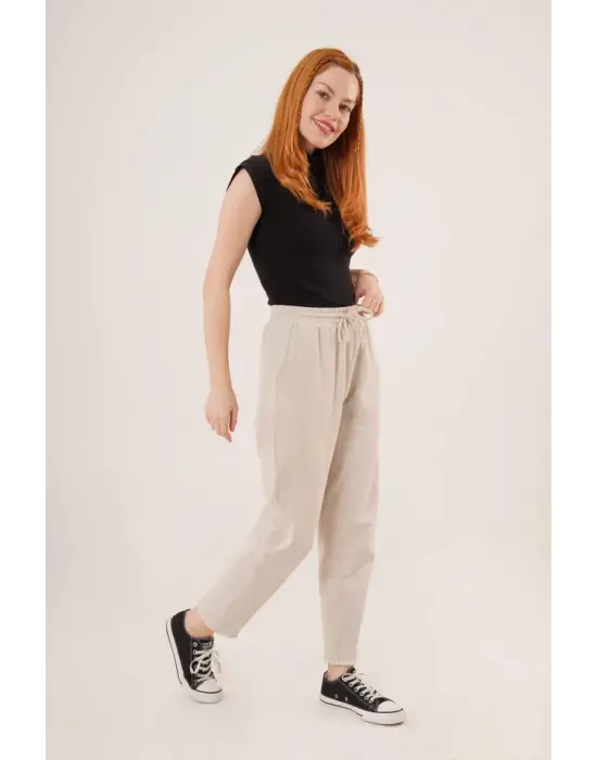 Cepli Belden Bağlamalı Paça Detaylı Krem Pantolon