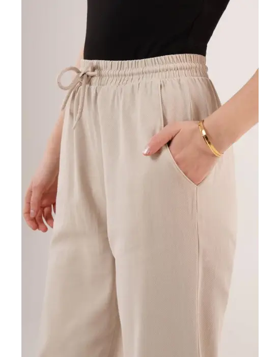 Cepli Belden Bağlamalı Paça Detaylı Krem Pantolon