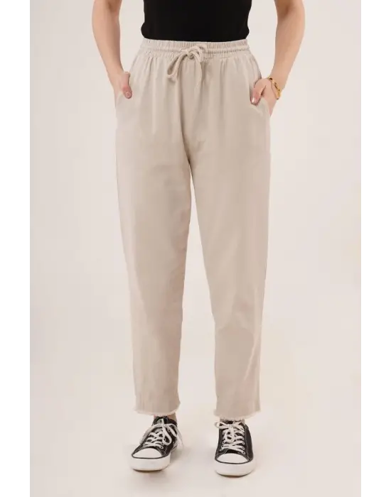 Cepli Belden Bağlamalı Paça Detaylı Krem Pantolon