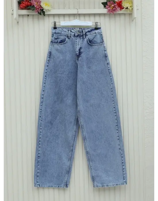 Cepli Bol Paça Fermuarlı Kot Pantolon -Buz Mavi