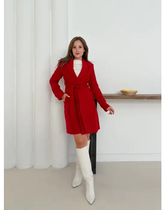 Cepli kuşaklı kaşe kaban kırmızı st26458