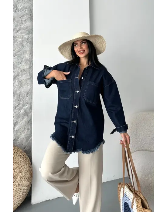 Cepli püsküllü kar yıkama kot ceket koyu mavi d2515