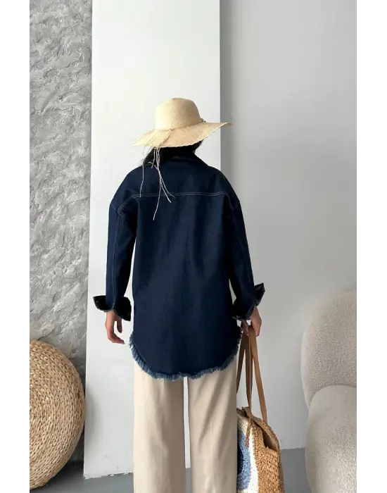 Cepli püsküllü kar yıkama kot ceket koyu mavi d2515