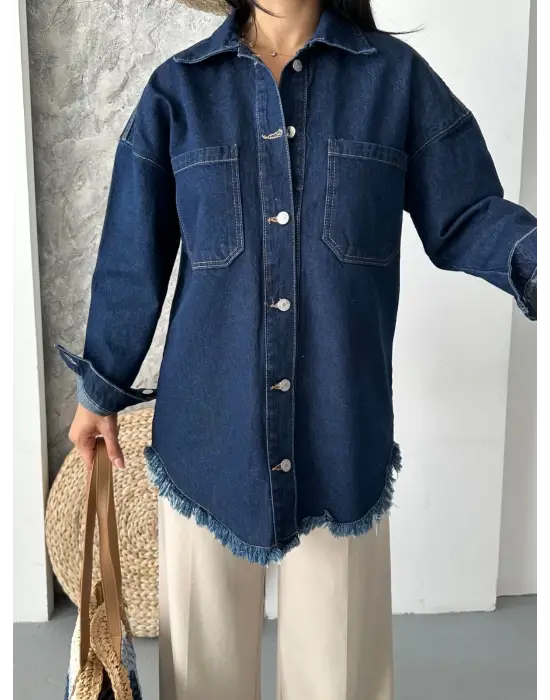 Cepli püsküllü kar yıkama kot ceket koyu mavi d2515