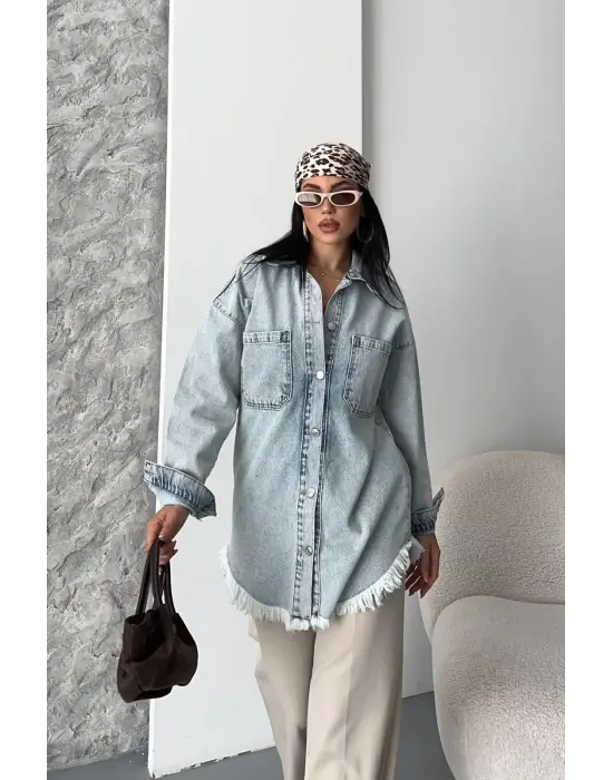 Cepli püsküllü kar yıkama kot ceket mavi d2515