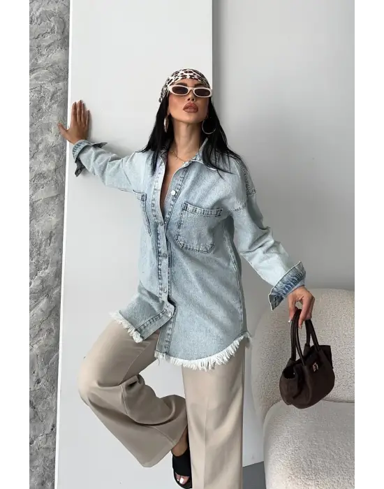 Cepli püsküllü kar yıkama kot ceket mavi d2515