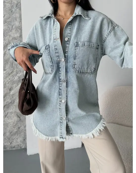 Cepli püsküllü kar yıkama kot ceket mavi d2515