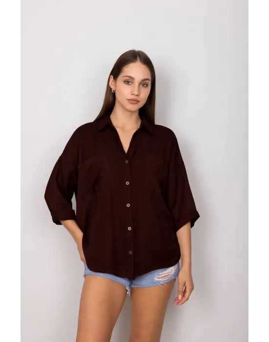 Cepli salaş gömlek koyu kahve t1010