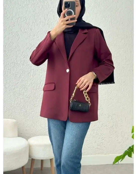 Omarı Kadın Cep Detaylı Likralı Bordo Ceket