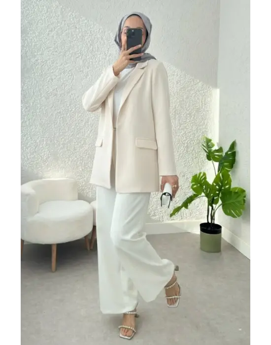 Cepli Tek Düğmeli Likralı Ceket  -Krem