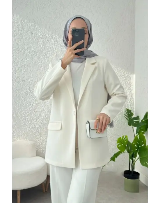 Cepli Tek Düğmeli Likralı Ceket  -Krem