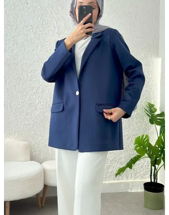 Omarı Kadın Cepli Likralı Tek Düğmeli Ceket