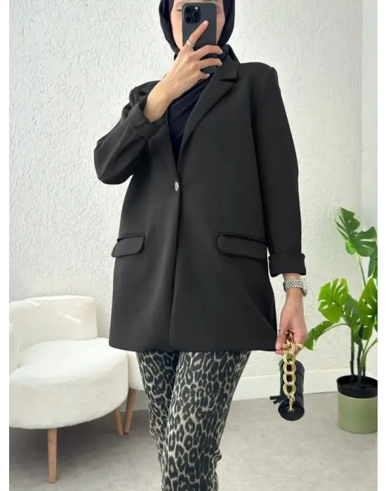 Siyah Cepli Tek Düğmeli Likralı Ceket